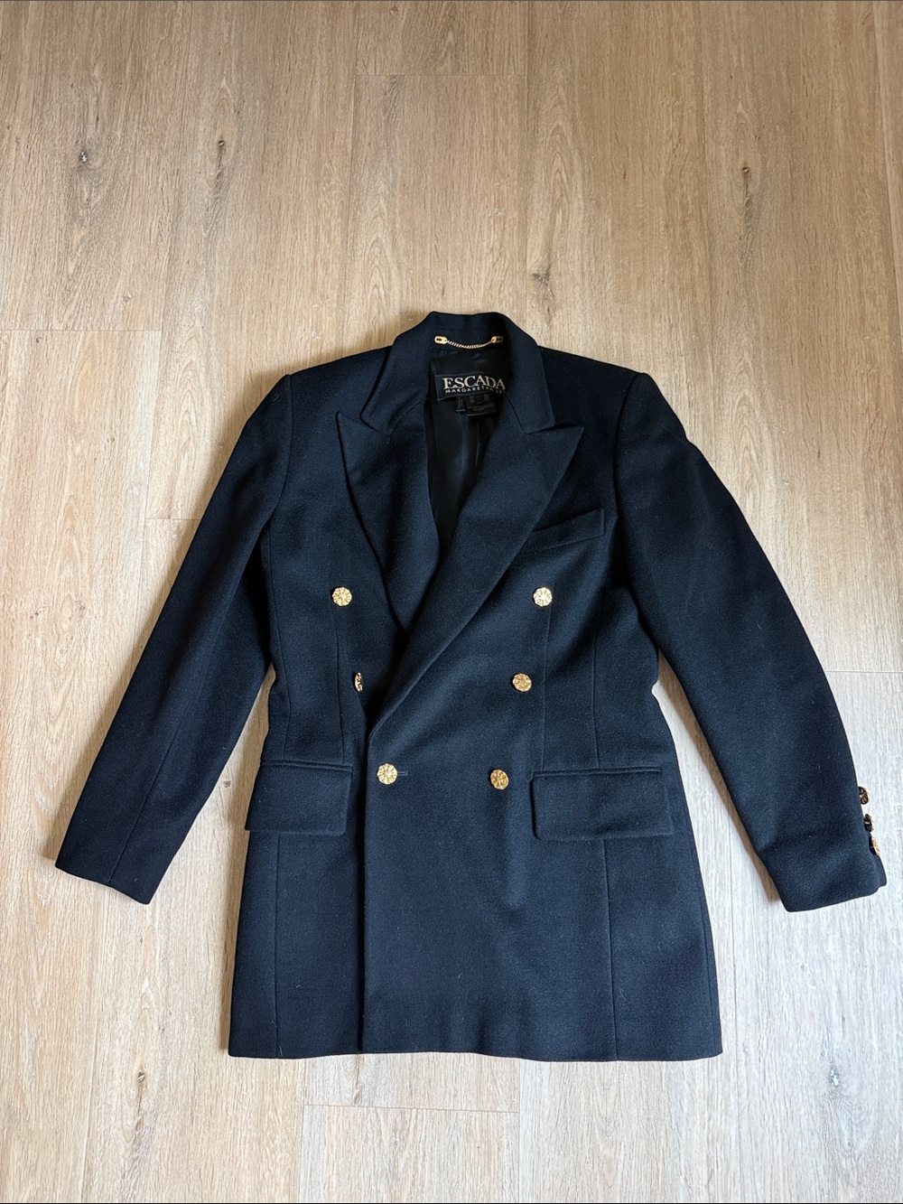 Escada vintage Black Double-Breasted Wool Blazer with Gold Buttons 36